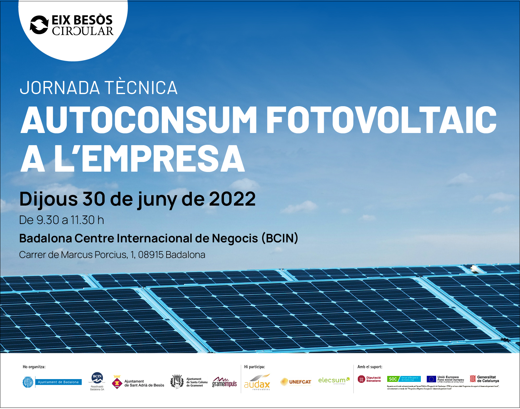 Read more about the article Jornada tècnica sobre autoconsum fotovoltaic a l’empresa